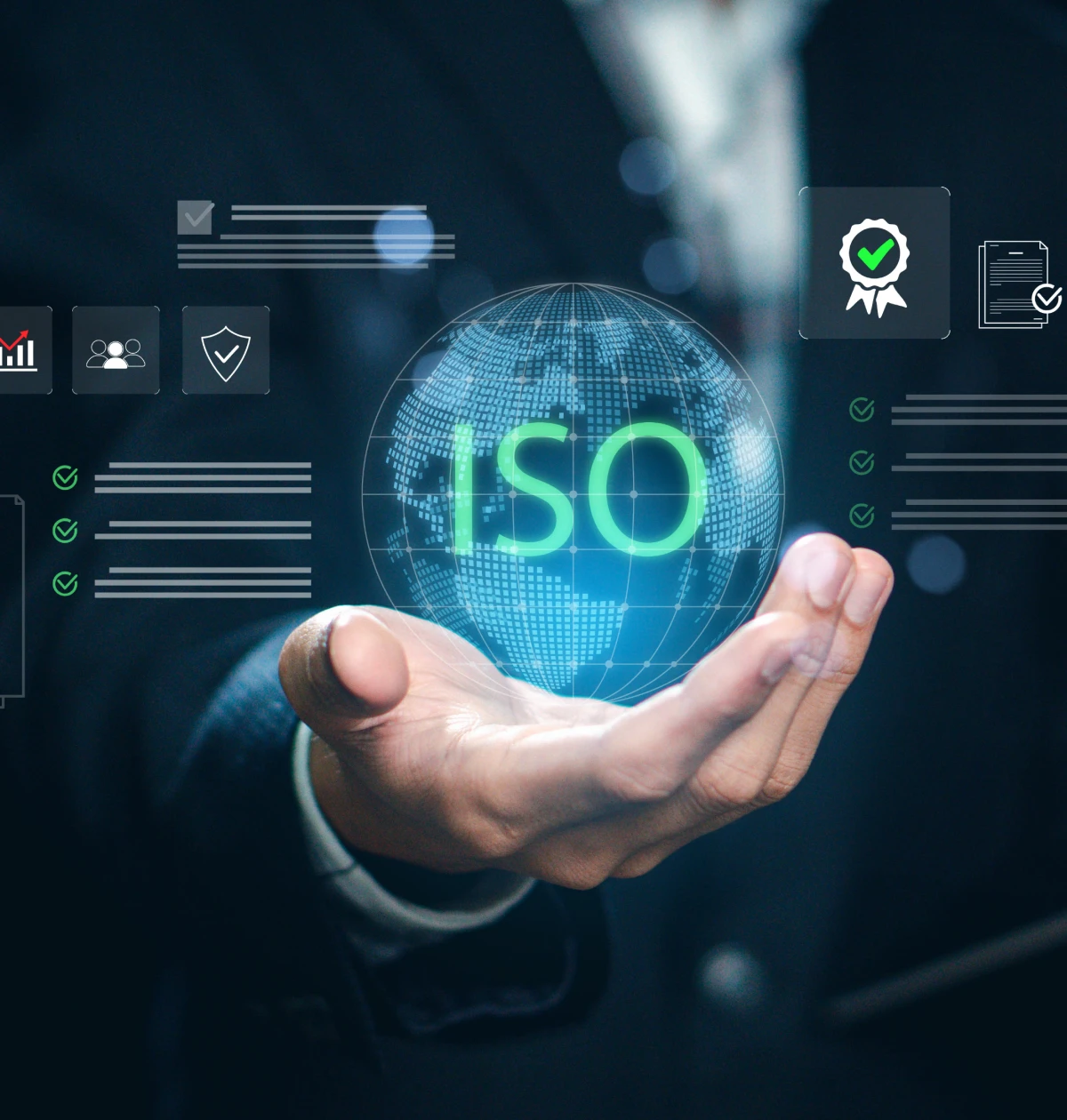 Hand presenting ISO certification symbol